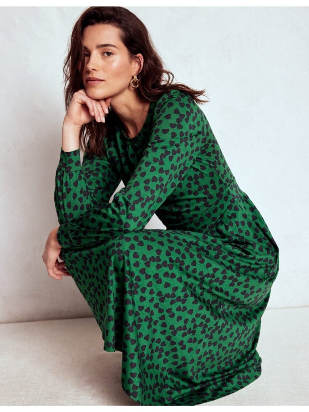 Boden Women’s Modest Dress Green Alexandra Jersey Blue Hearts Midi 10P